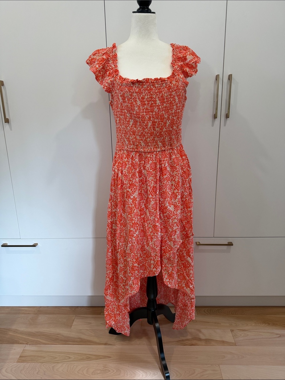 Smocked High-Low Floral Midi Dress in Coral Orange